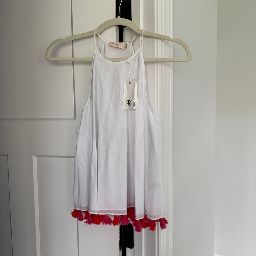 NWT‎ Tory Burch Lindsay Tank Top Cotton Pink Tassel New Halter White